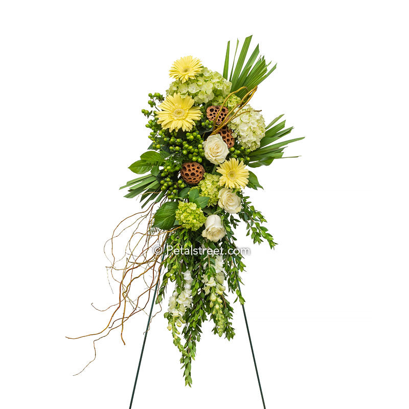Cascading tear drop shaped funeral spray with yellow Gerbera Daisies, white Roses, green Hydrangea, Willow, and foliage.