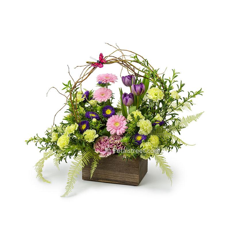 Box arrangement with Gerbera Daisies, Tulips, Carnations, Matsumoto Aster, Curly Willow, and soft green Fern and foliage accents.