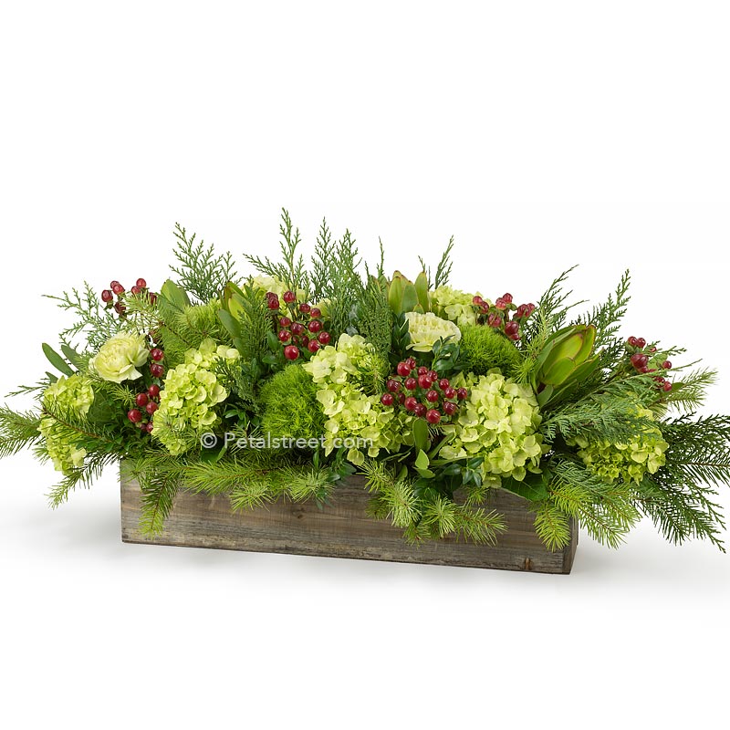 Extra long low Christmas table arrangement with a mix of seasonal greenery and red Hypericum accents arranged in a warm wood box by Petal Street Flower Company florist