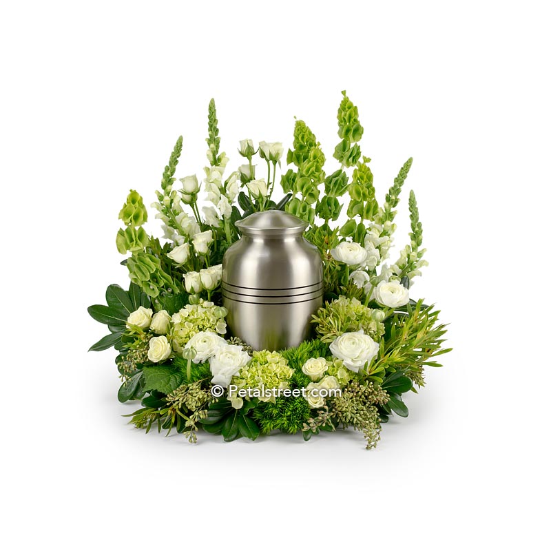 White and green Cremation Urn flower arrangement with Roses, Snapdragons, and mini Hydrangea by florist in Point Pleasant, NJ.