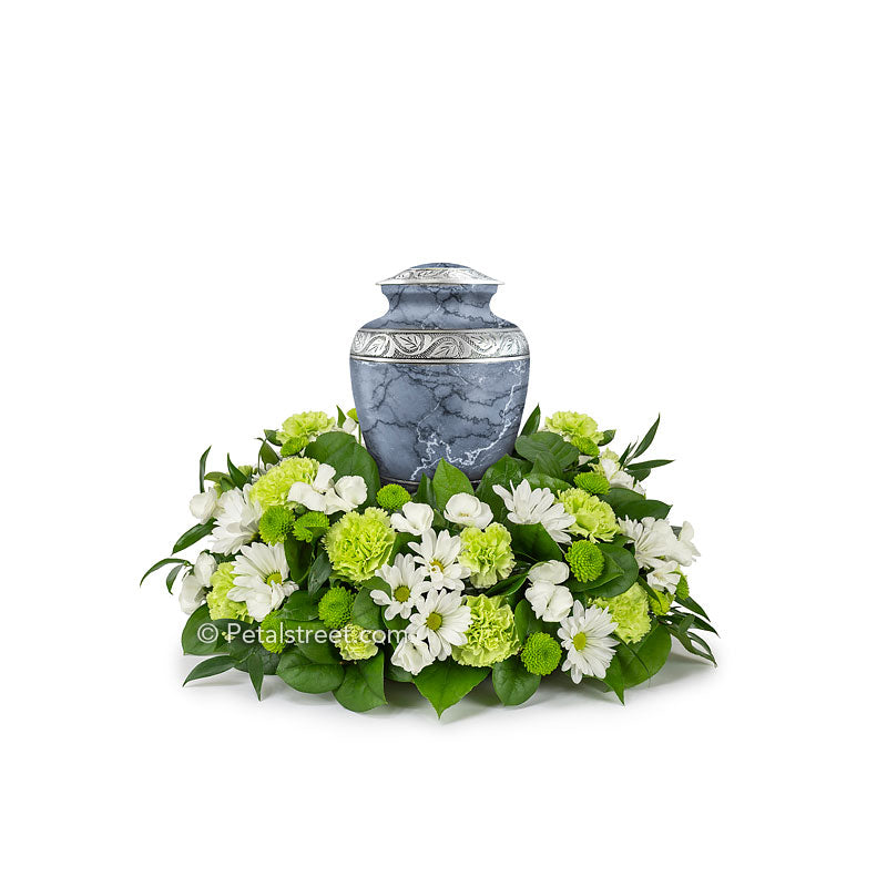 Cremation flower arrangement with Daisies, Carnations, Dianthus, Button Mums, and accent foliage.