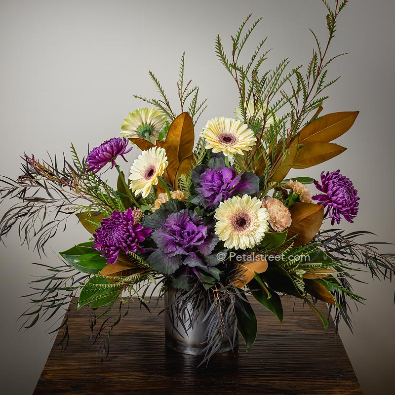 An upscale flower arrangement with soft Gerbera Daisies accenting deep plum colored Kale and Mums with mixed foliage accents in a metal cylinder vase by Petal Street Flower Company Florist in Point Pleasant NJ