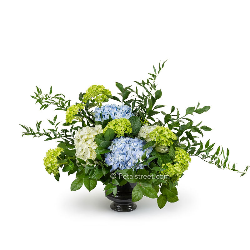 Funeral basket with white, blue, and green Hydrangea arranged with mixed foliage.