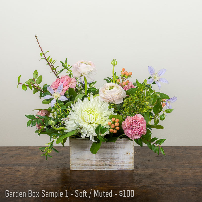 A pretty soft colored flower arrangement with pink Ranunculus, Dianthus, white Mums, Hypericum Berries, and assorted accent foliage in a wood box container