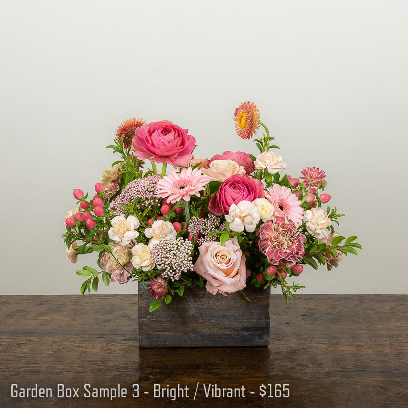 A beautiful bright colored flower arrangement with pink Ranunculus, Dianthus, peach mini Carnations, Straw Flowers, Hypericum Berries, and assorted accent foliage in a wood box container