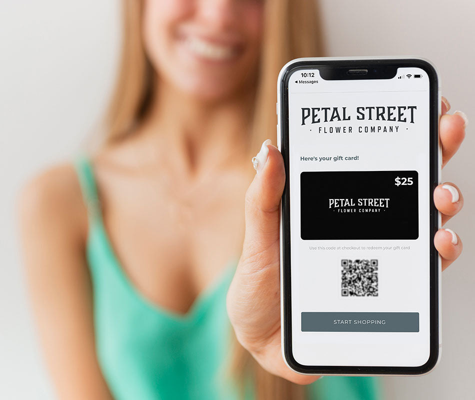 Petal Street Flower Company gift card on a smart phone for use online at www.petalstreet.com