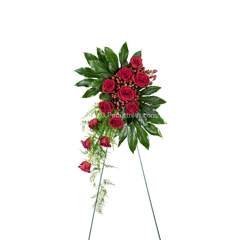 Funeral standing spray of red Roses arranged cascading style with lush green Aralia Leaves and accent foliage.