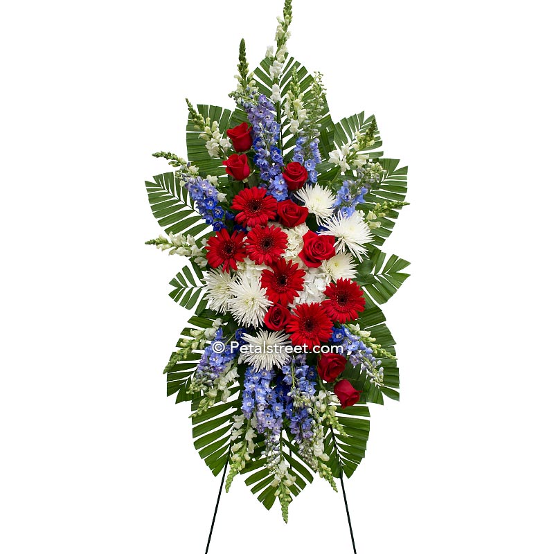 Red, white, and blue patriotic funeral spray featuring red Gerbera Daisies, white Spider Mums, and blue Delphinium.